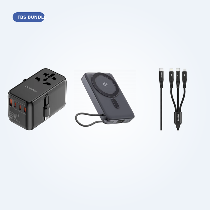 Airport Ready Kit with Proove Trip 85W travel adapter, OverPower Qi2 power bank and Triple Connection cable