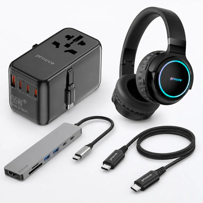 Business Travel Kit with Proove Trip 85W adapter, Iron Link hub, Speed Line USB4 cable and Galaxy headphones
