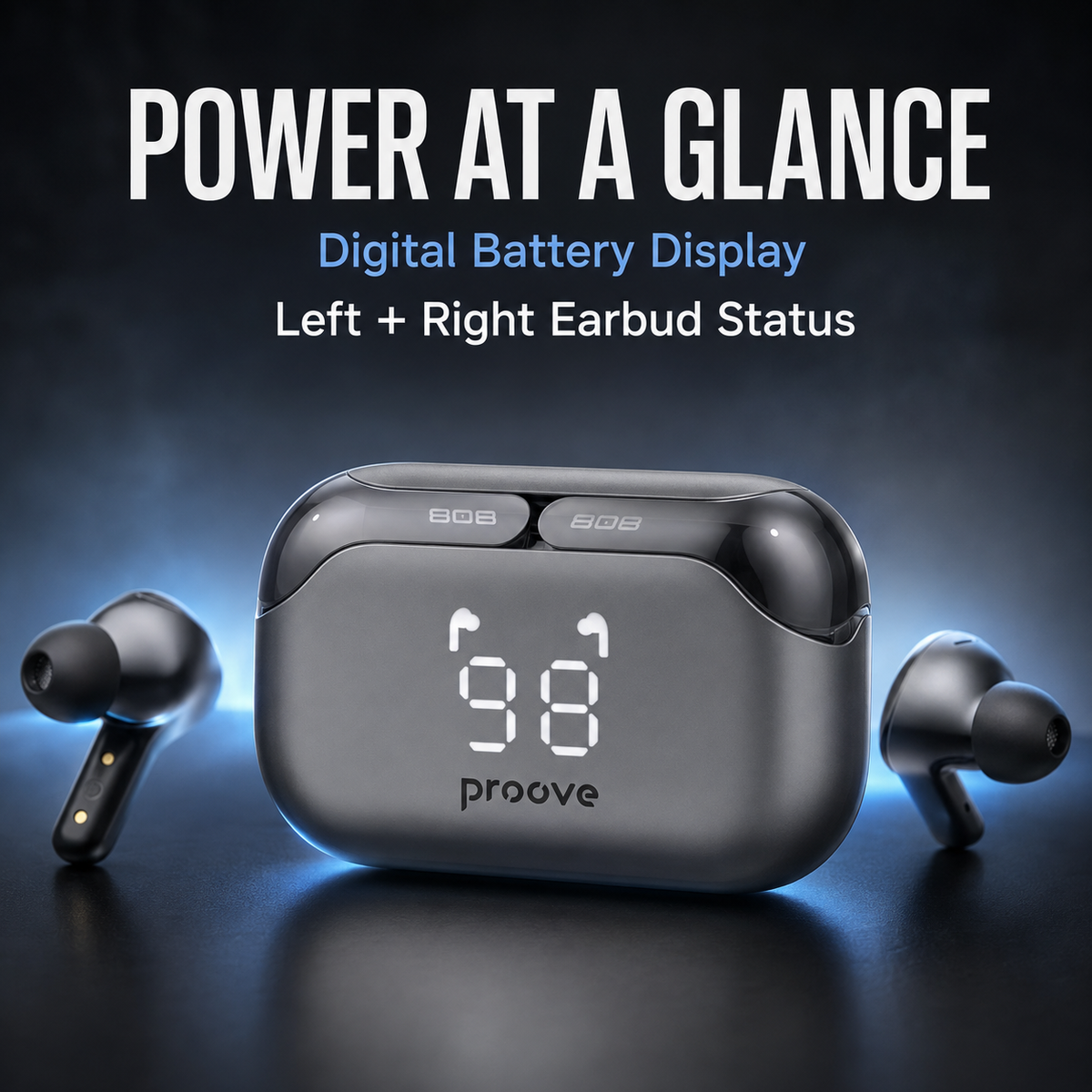 Proove 808 Power digital battery display and earbud status infographic