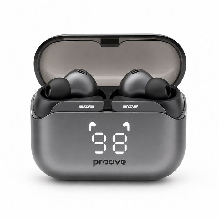 Proove 808 Power TWS Gray earbuds and digital display charging case main image