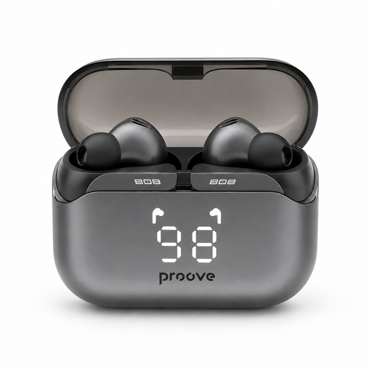 Proove 808 Power TWS Gray earbuds and digital display charging case main image
