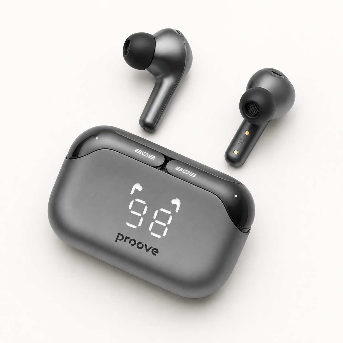 Proove 808 Power TWS Gray case and earbud detail angles