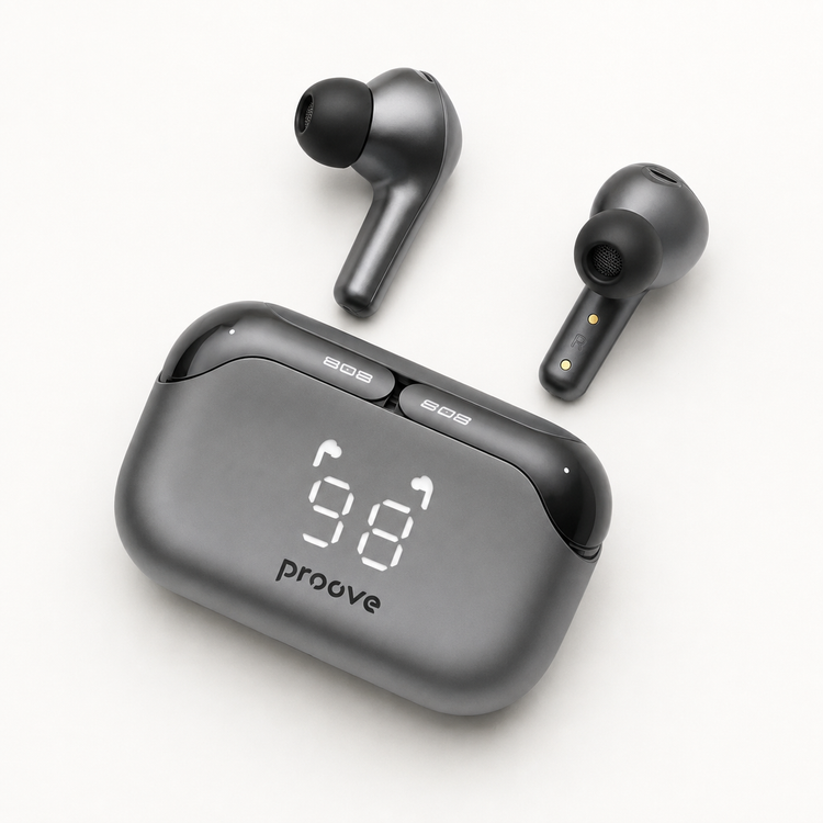 Proove 808 Power TWS Gray case and earbud detail angles
