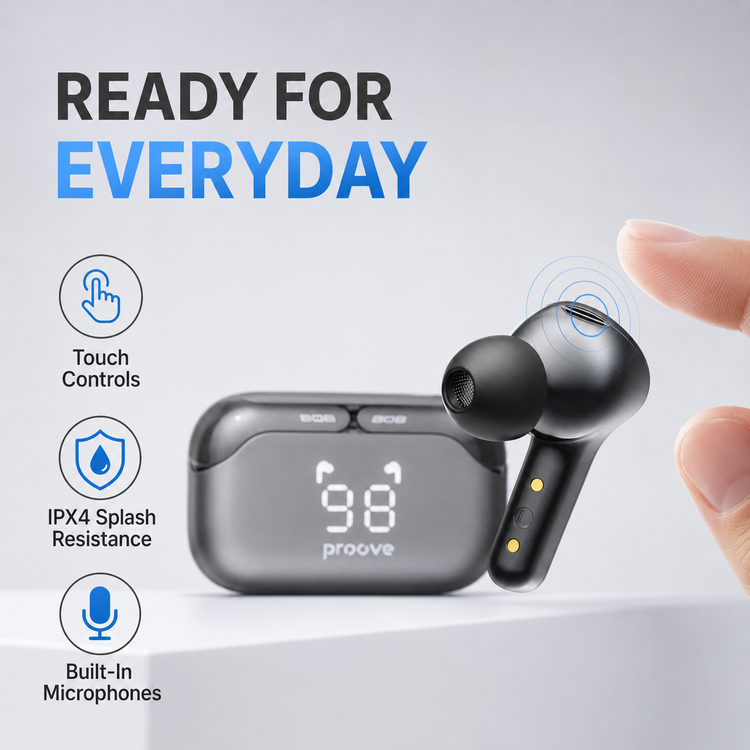 Proove 808 Power touch controls IPX4 and built-in microphones infographic