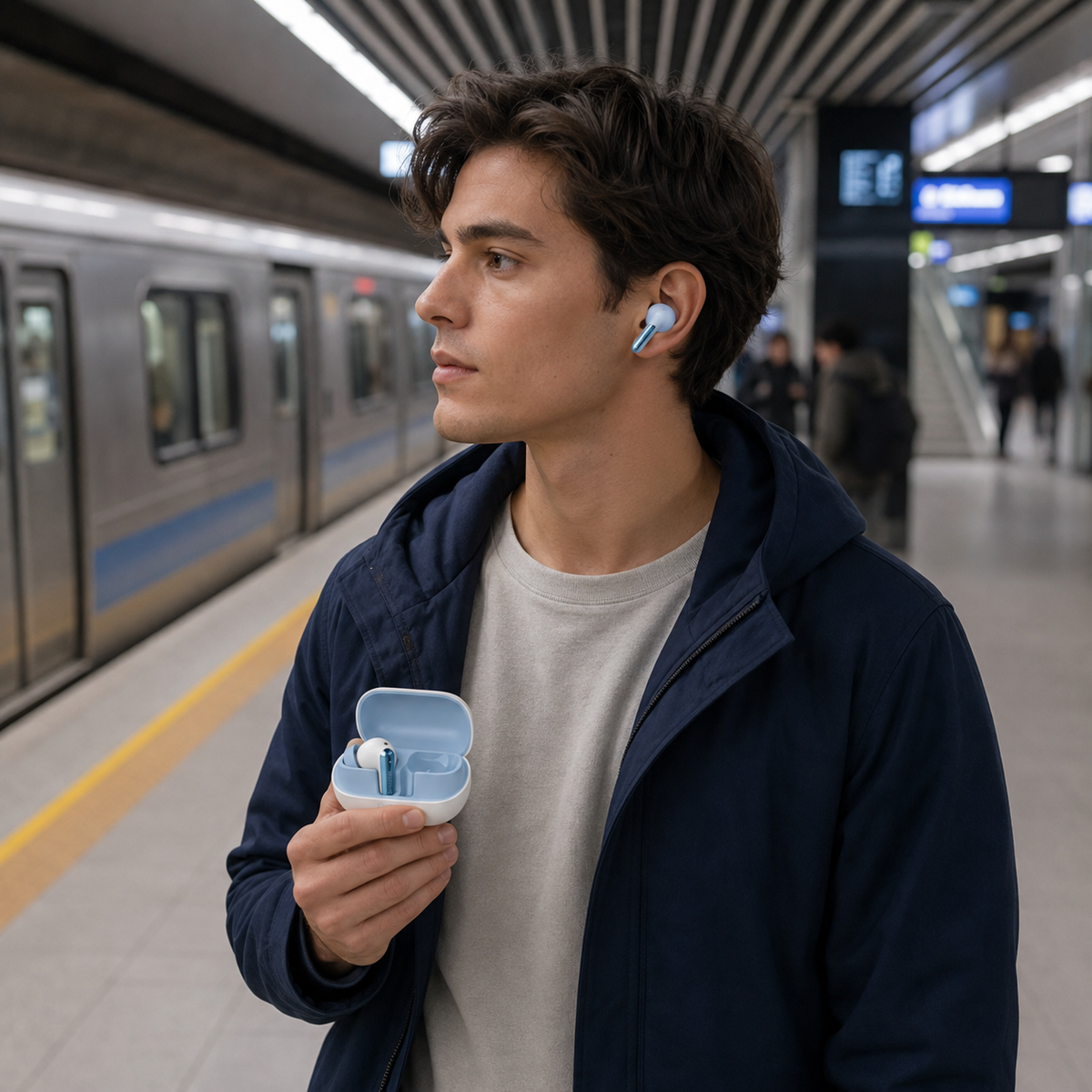 Proove Blitz Blue earbuds used while commuting