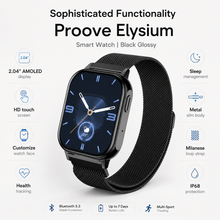 Proove Elysium Smart Watch functionality infographic with AMOLED Bluetooth 5.3 and health tracking