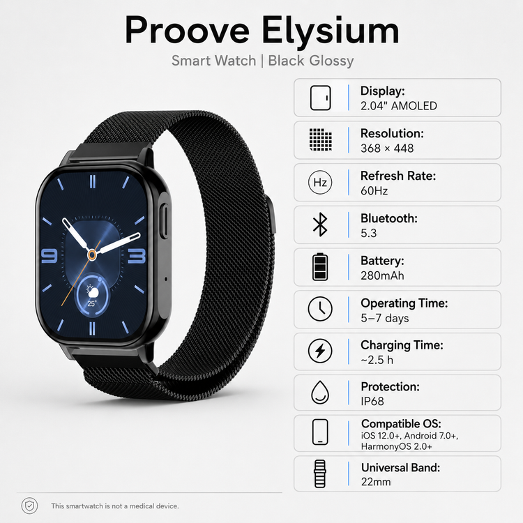 Proove Elysium Smart Watch technical specifications infographic