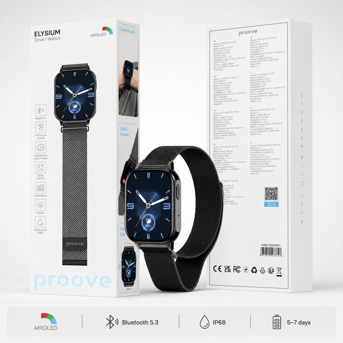 Proove Elysium Smart Watch retail packaging front and back with product
