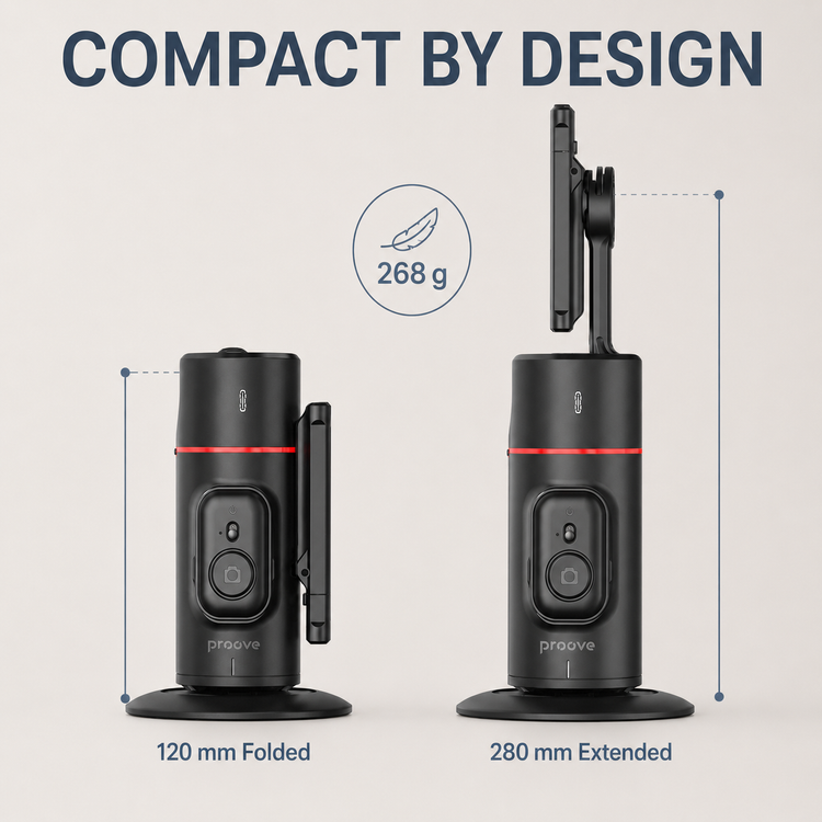 Proove Face Trace 120 mm folded and 280 mm extended portability infographic