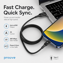 Proove Flex Metal cable fast charge and quick sync feature infographic