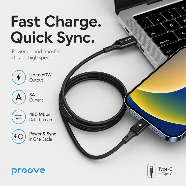 Proove Flex Metal cable fast charge and quick sync feature infographic