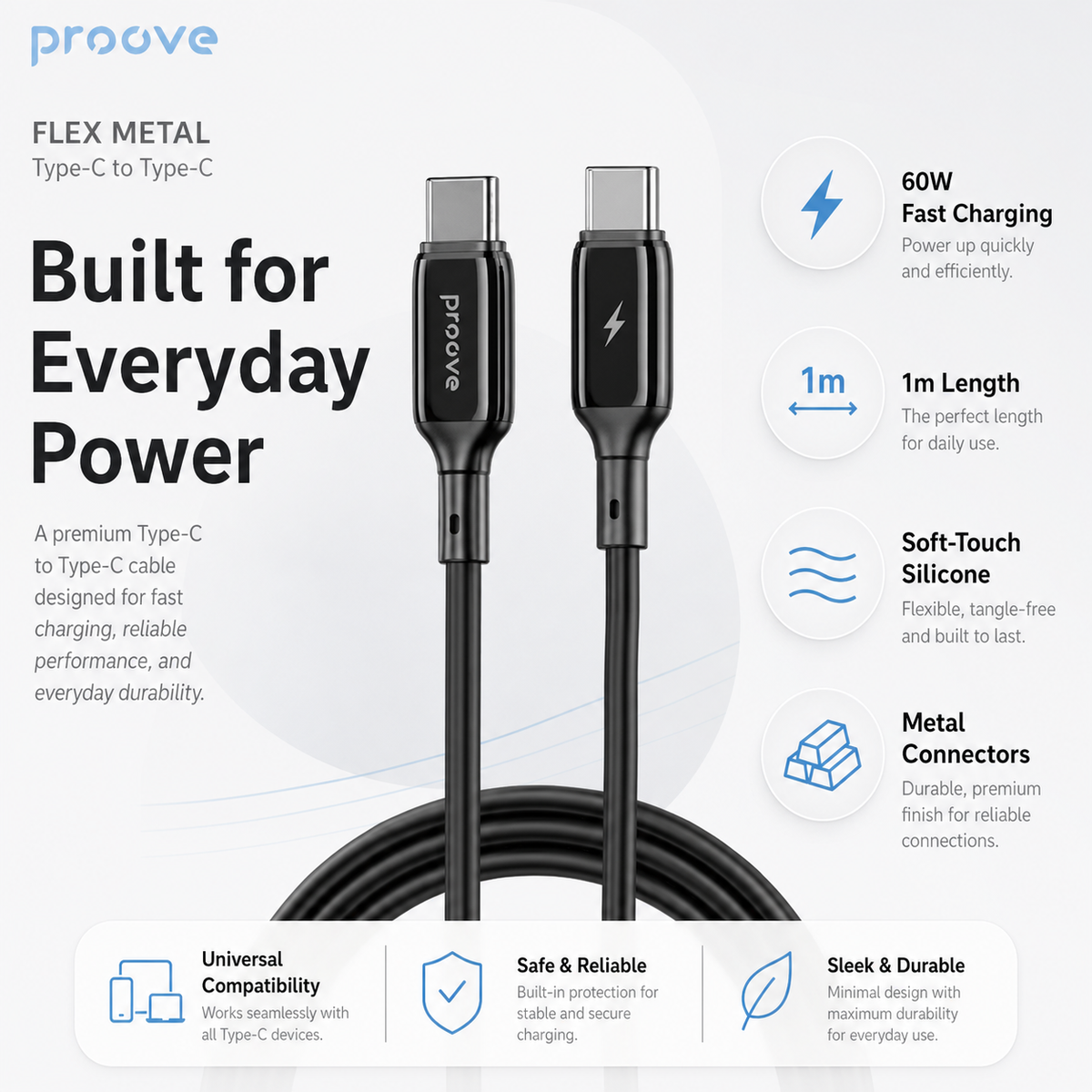 Proove Flex Metal Type-C cable everyday power feature infographic
