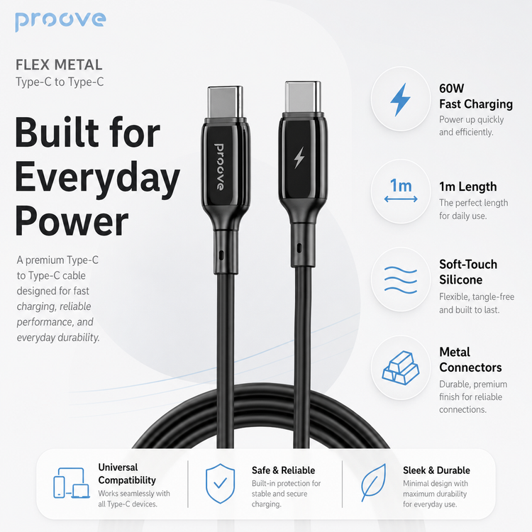 Proove Flex Metal Type-C cable everyday power feature infographic