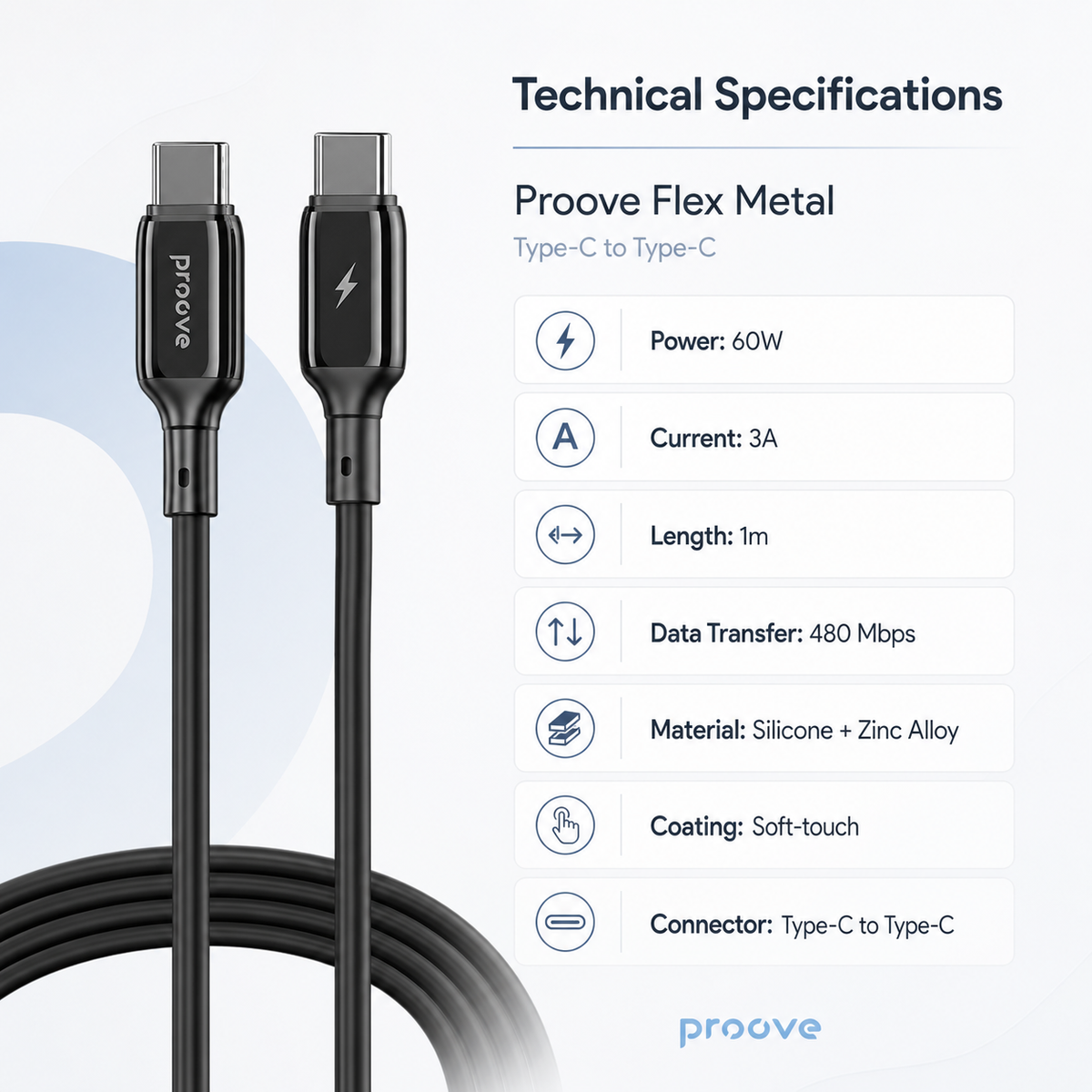 Proove Flex Metal Type-C to Type-C cable technical specifications infographic