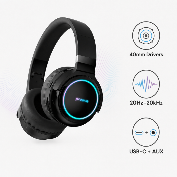 Proove Galaxy 40mm drivers USB-C and AUX connectivity