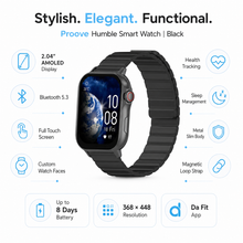 Proove Humble Smart Watch feature infographic with AMOLED Bluetooth 5.3 health tracking and 8-day battery