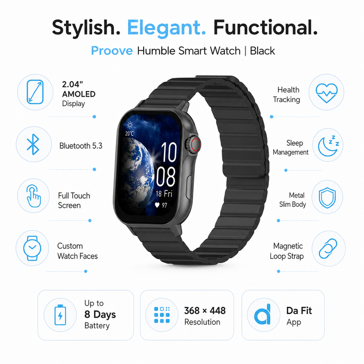 Proove Humble Smart Watch feature infographic with AMOLED Bluetooth 5.3 health tracking and 8-day battery