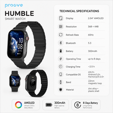 Proove Humble Smart Watch technical specifications infographic
