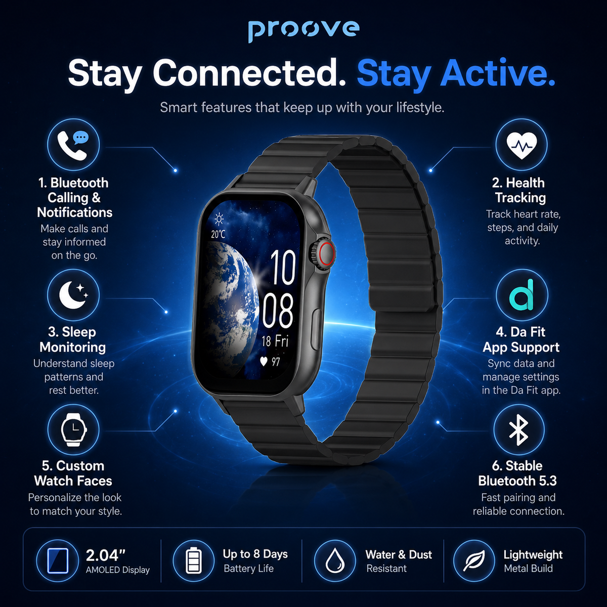 Proove Humble Smart Watch connected active features infographic