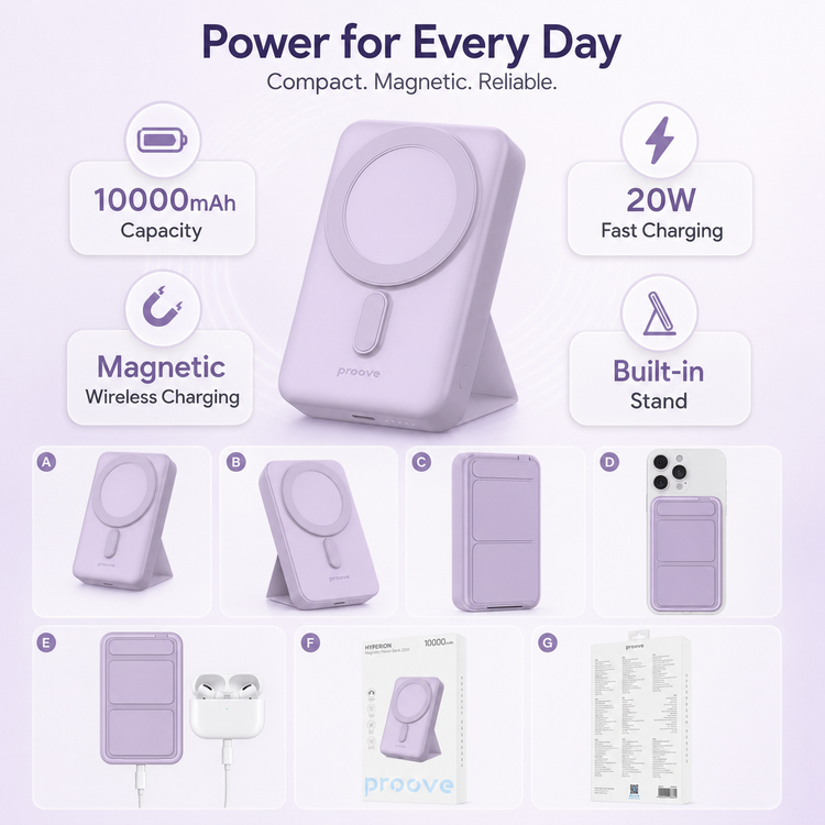 Proove Hyperion purple power bank feature infographic showing capacity fast charging wireless charging and stand