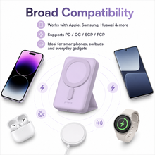 Proove Hyperion purple power bank compatibility infographic for phones earbuds smartwatch and wireless charging