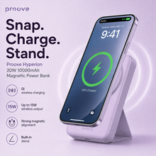 Proove Hyperion purple magnetic power bank wireless charging lifestyle image with phone attached