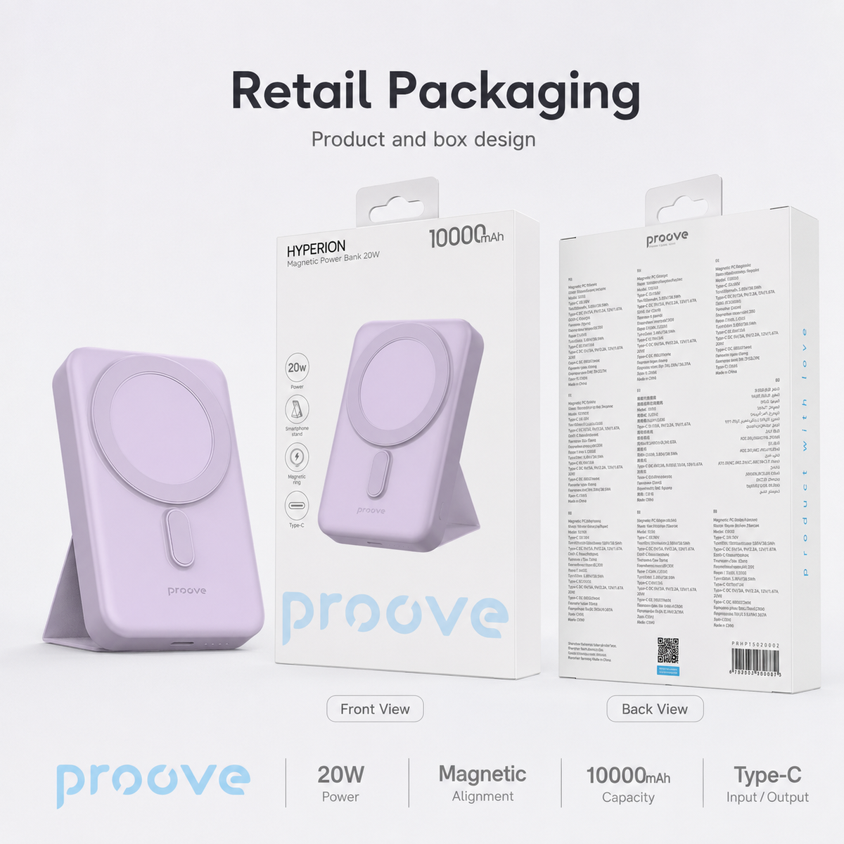 Proove Hyperion purple magnetic power bank retail packaging front and back view