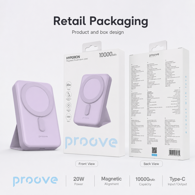 Proove Hyperion purple magnetic power bank retail packaging front and back view