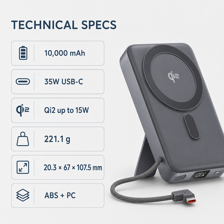 Proove OverPower 35W Qi2 technical specifications infographic
