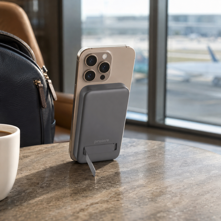Proove OverPower Qi2 power bank behind phone in airport lounge