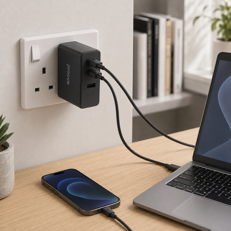 Proove Pocket GaN Max UK charger powering laptop and phone