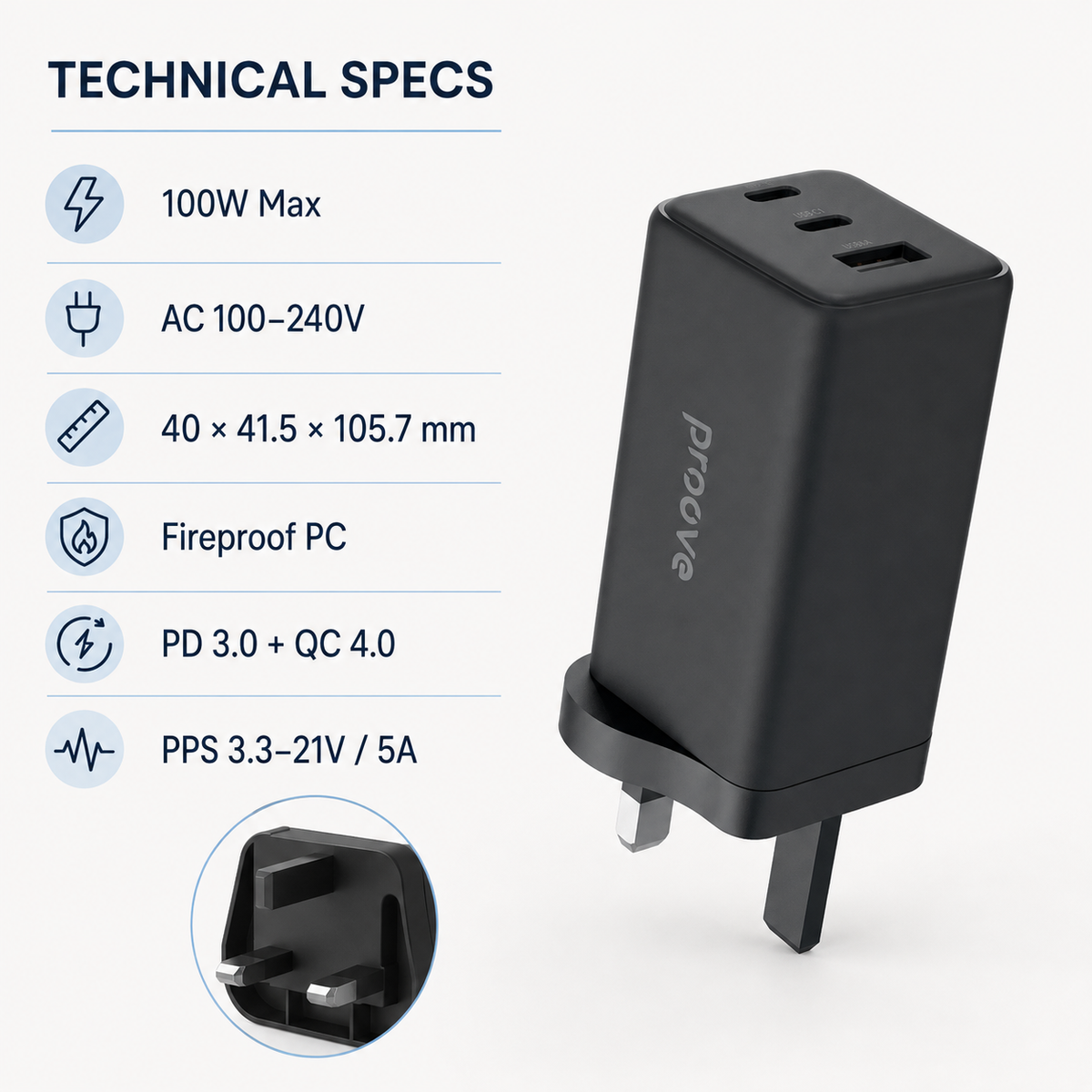 Proove Pocket GaN Max 100W UK charger technical specifications infographic