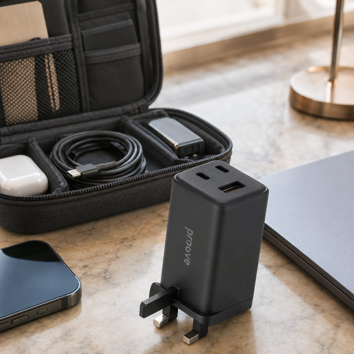 Proove Pocket GaN Max 100W UK charger travel organizer lifestyle image
