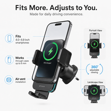 Proove Sonic 15W car holder fit adjustment infographic with 360 degree viewing