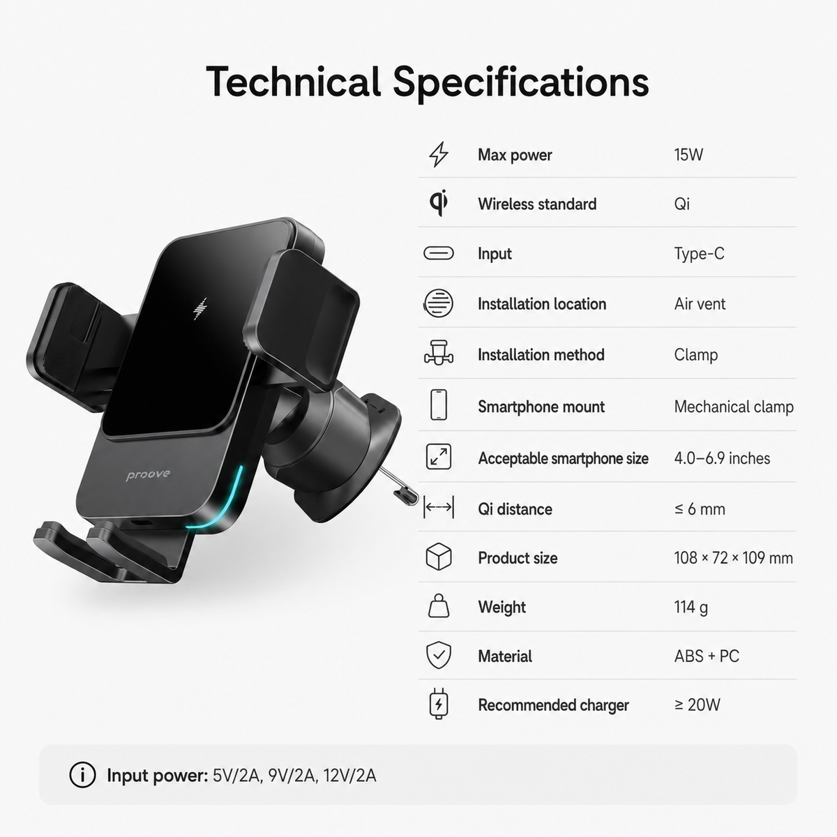 Proove Sonic 15W wireless charging car holder technical specifications