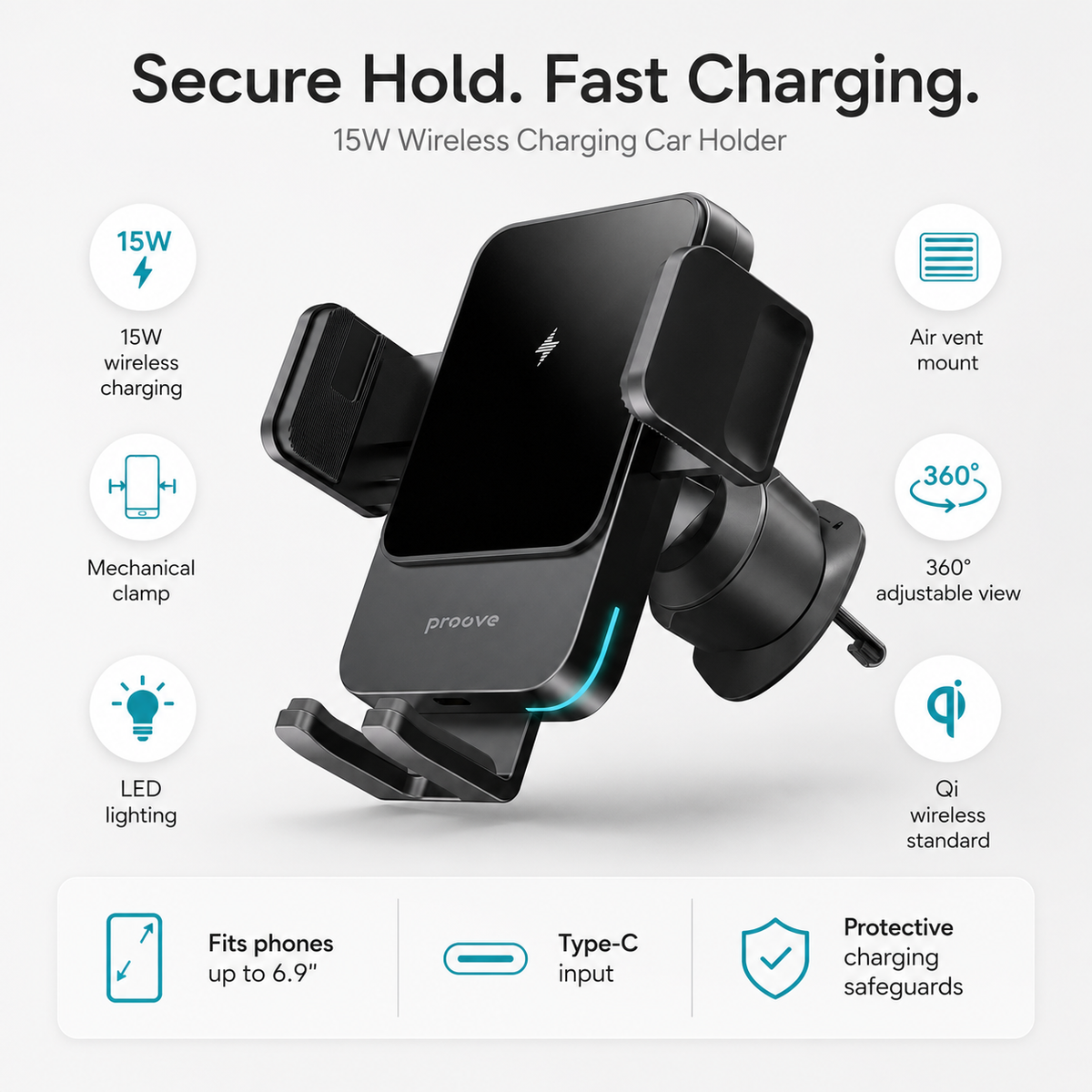 Proove Sonic 15W car holder secure hold fast charging feature summary