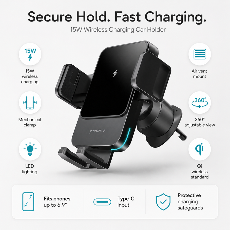 Proove Sonic 15W car holder secure hold fast charging feature summary