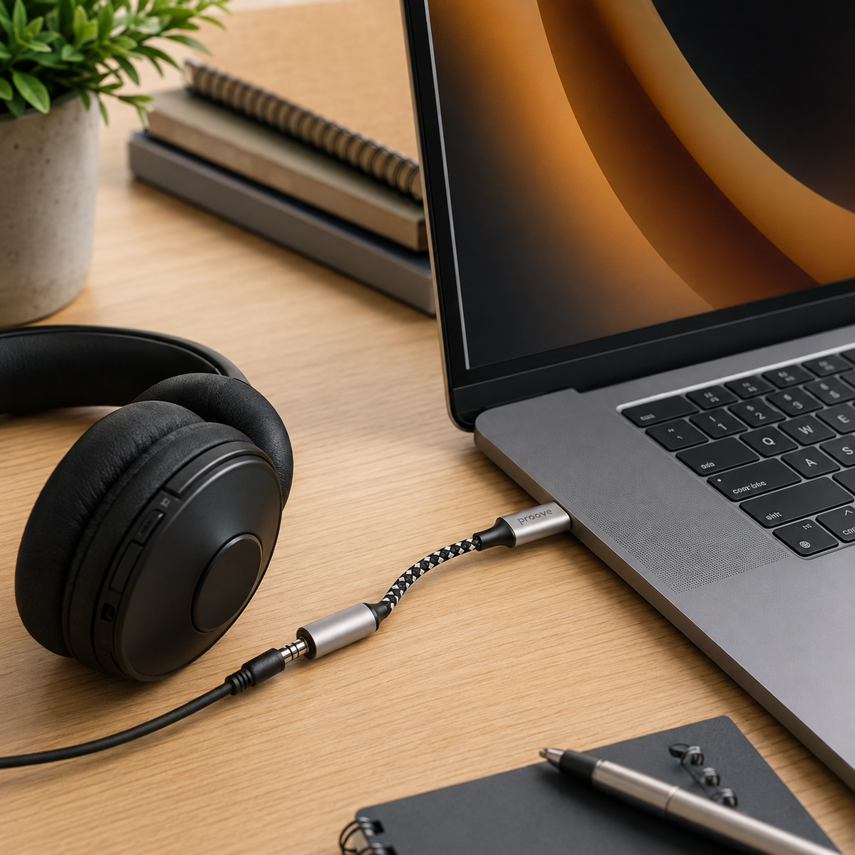 Proove SoundMesh USB-C adapter connected to wired headphones and laptop
