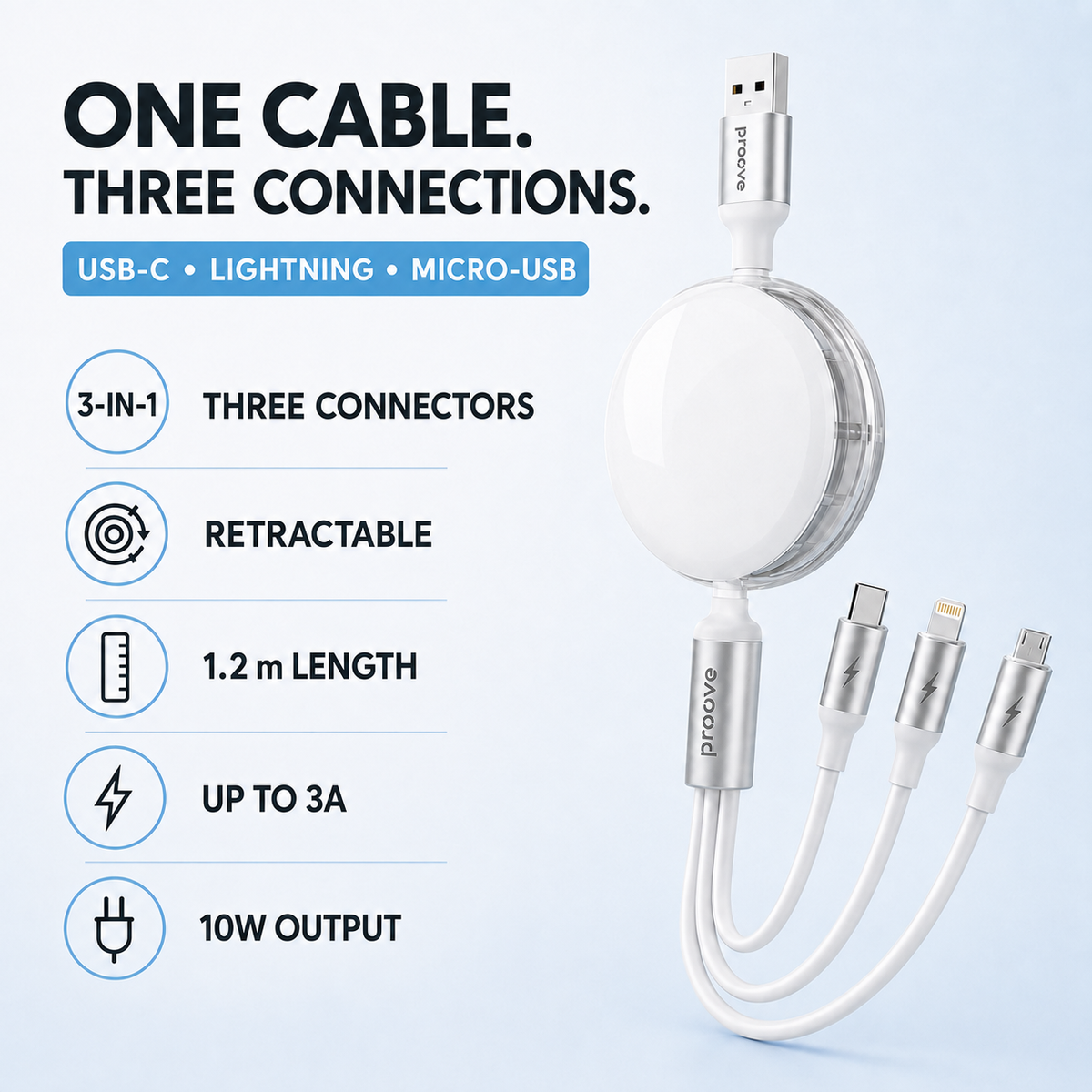 Proove Triple Sync three connectors retractable 1.2m 3A 10W feature summary